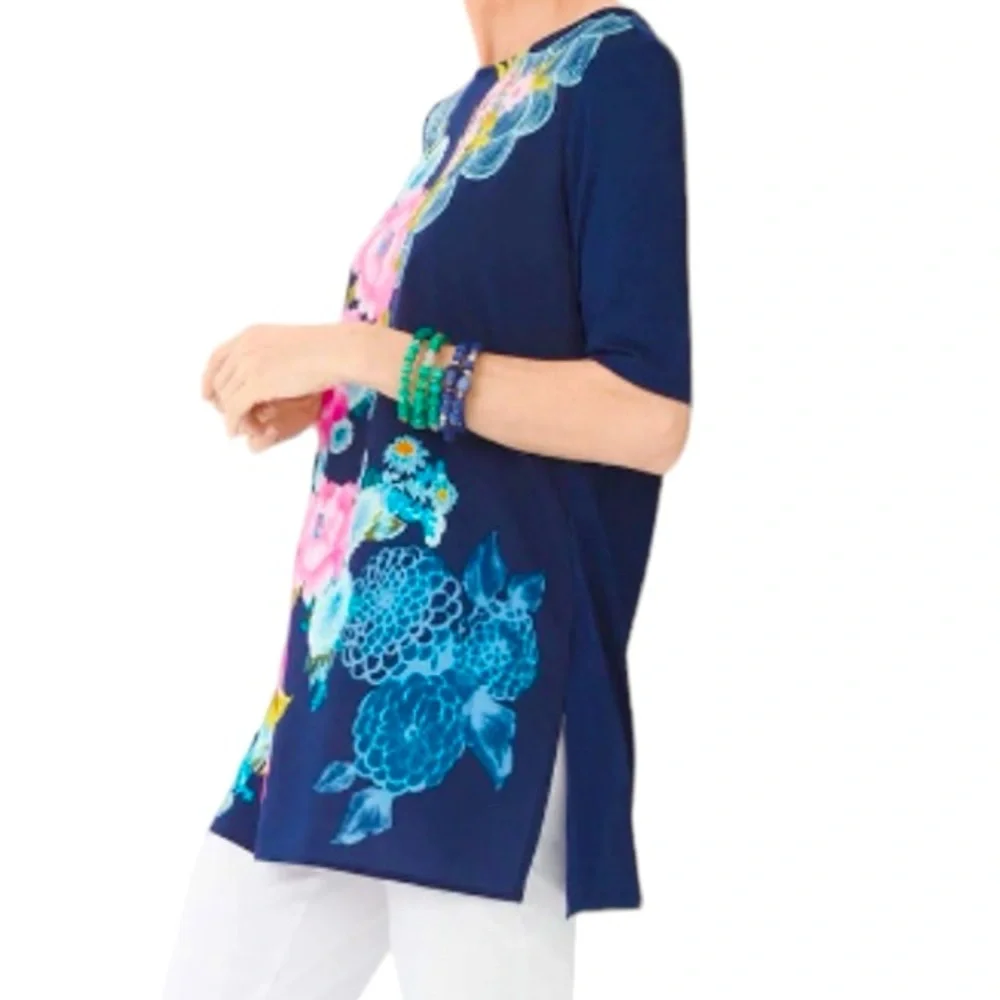 Chico’s Blue Multicolor Floral Garden Party Tunic, Size 2 Medium